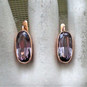 Vintage Russian Russia USSR 14K 583 Rose Pink Gold Alexandrite Dangle EARRINGS